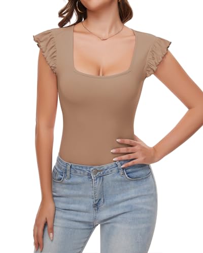 WOWENY Body Damen Elegant Top Sommer Oberteile Damen Rüschen Ärmellos t Shirt Body mit Eckigem Ausschnitt Trachtenbody Ribbed Bodysuit Women Damenbody für Damen Braun L von WOWENY