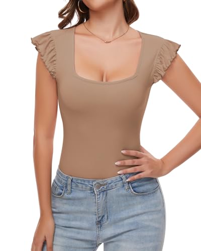 WOWENY Body Damen Kurzarm Eckigem Ausschnitt Rüschen Bodysuit Gerippt Tshirt Elegant Bequemer Tops[Khaki，L] von WOWENY