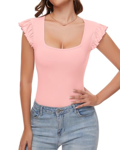 WOWENY Body Damen Kurzarm Eckigem Ausschnitt Rüschen Bodysuit Gerippt Tshirt Elegant Bequemer Tops[Rosa，M] von WOWENY