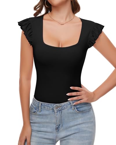 WOWENY Body Damen Kurzarm Eckigem Ausschnitt Rüschen Bodysuit Gerippt Tshirt Elegant Bequemer Tops[Schwarz，L] von WOWENY