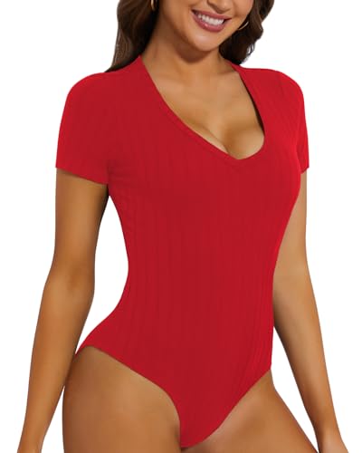 WOWENY Body Damen Kurzarm V Ausschnitt Tshirt Bodysuit Gerippt Oberteil Elegant Bequemer Stretch Tops[Rot, M] von WOWENY