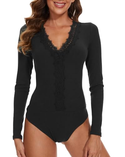 WOWENY Body Damen Langarm Elegant mit V Ausschnitt Sexy Spitze Langarmbody Bodysuit Women Flaten Trachtenbody Spitz-Schwarz M von WOWENY