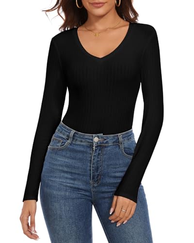 WOWENY Body Damen Langarm V Ausschnitt Oberteil Gerippt Elegant Langarmbody Langarmshirt Tshirt Bodysuit Bodys Leotard Tops für Frauen(Schwarz, M) von WOWENY