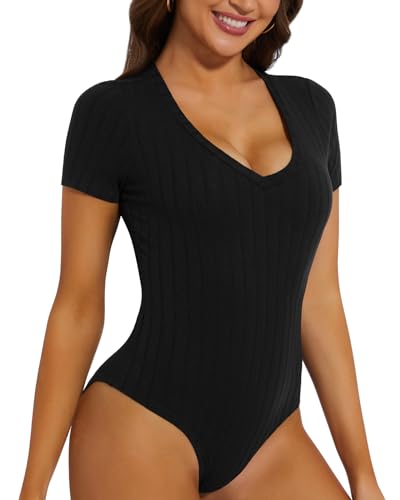 WOWENY Body Damen Schwarz Kurzarm V Ausschnitt Tshirt Bodysuit Gerippt Oberteil Elegant Bequemer Stretch Tops[Schwarz, M] von WOWENY