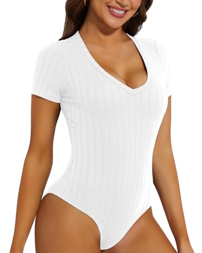 WOWENY Body Damen Weiß Kurzarm V Ausschnitt Tshirt Bodysuit Gerippt Oberteil Elegant Bequemer Stretch Tops[Weiß, L] von WOWENY