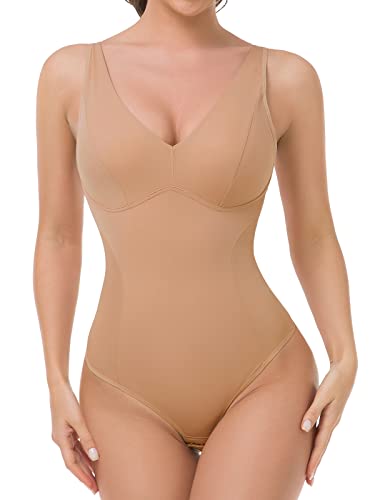 WOWENY Body Shaper Damen Bauchweg Stark Shapewear Body Tanga Shapewear mit BH ohne Bügel Push up Thong Bodysuit(Beige, XXL) von WOWENY