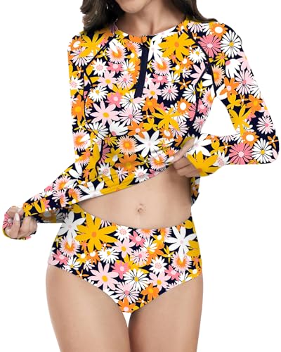 WOWENY Damen 2 Stück Set Badeanzug Schwimmshirt Langarm 1/4 Zip badeshirt Rashguard Sonnenschutz Swimsuits Bademode surf Shirt Strand Swimming,PD,S von WOWENY