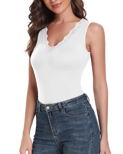 WOWENY Damen Ärmellos Body mit Spitze V-Ausschnitt Bodysuit Spitzentop Elegant Oberteil Overall für Party Going Out(Weiss, S) von WOWENY