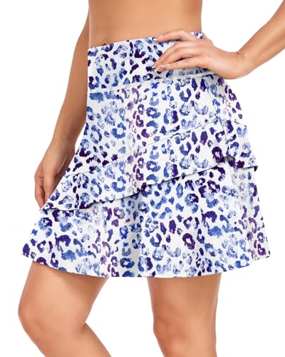 WOWENY Damen Active Skort Athletic Rüschen Plissee Tennisrock mit Tasche für Laufen Golf Workout, A00-Blauer Leopardenmuster, Groß von WOWENY