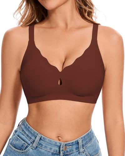 WOWENY Damen BH Ohne Bügel Seamless BH Push up V-Ausschnitt Bralette Damen Gepolstert Bustier Soft Bra Bügelloser Braun M von WOWENY