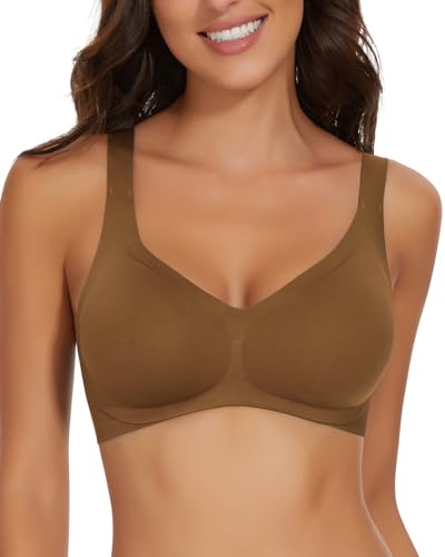 WOWENY Damen BH ohne Bügel Bequemer Seamless BHS trägerverstellbarer Softschalen BH Minimizer-BHS Seamless Push Up Tshirt BH Soft,Kaffee,L von WOWENY