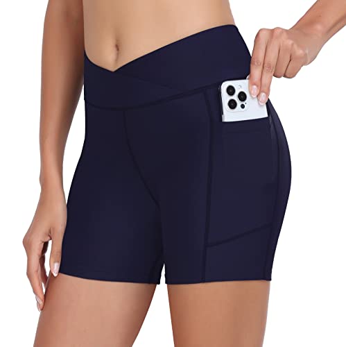 WOWENY Damen-Badeshorts, hohe Taille, Badehose, Kreuz-Taille, Bademode, Jungen-Shorts, Fahrrad-Shorts mit Tasche, B02-navy-Shorts, Medium von WOWENY