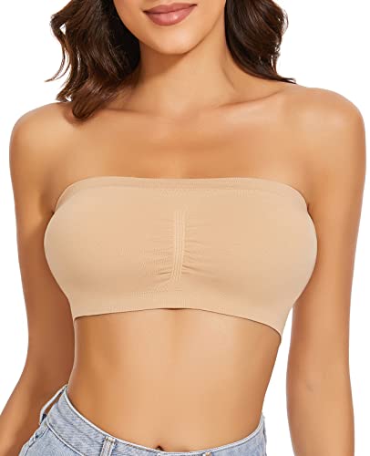 WOWENY Damen Bandeau BH Hautfarben Trägerlos Gepolstert Tube Top BH Hautfarbens Traegerloses Bustier Nahtlos Bralette Atmungsaktiver Strecken(Beige, 3XL) von WOWENY