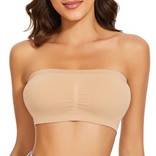 WOWENY Damen Bandeau BH Hautfarben Trägerlos Gepolstert Tube Top BH Hautfarbens Traegerloses Bustier Nahtlos Bralette Atmungsaktiver Strecken(Beige, XL) von WOWENY