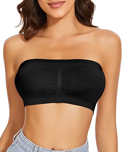 WOWENY Damen Bandeau BH Trägerlos Gepolstert Tube Top BHS Traegerloses Bustier Nahtlos Bralette Atmungsaktiver Strecken(Schwarz, L) von WOWENY