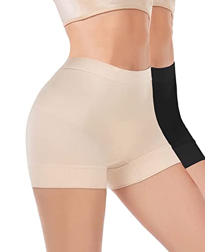 WOWENY 2er Pack Damen Unterhose Boxershorts Shapewear Licht Shaping Shorts Nahtlose Panties Miederpants Miederhose,Schwarz&Beige Größe L von WOWENY