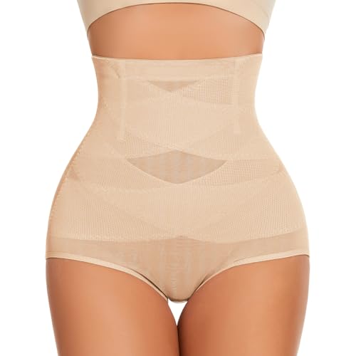 WOWENY Damen Bauchweg Unterhose Shapewear Hohe Taille Figurformende Unterwäsche Slip Atmungsaktive Mesh Miederslips Schlüpfer Stark Formend Beige, M von WOWENY