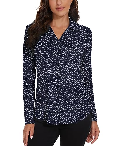 WOWENY Damen Bluse Elegant V-Ausschnitt Hemden mit Knöpfen Langarm Casual Arbeit Oberteile Hemd Lose Langarmshirt Tunika Tops,Blau Print,M von WOWENY