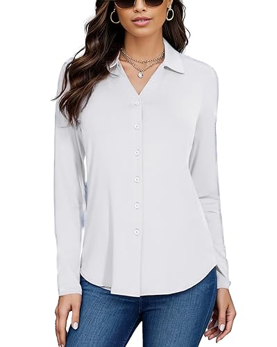 WOWENY Damen Bluse Elegant V-Ausschnitt Hemden mit Knöpfen Langarm Casual Arbeit Oberteile Hemd Lose Langarmshirt Tunika Tops,Weiß,M von WOWENY