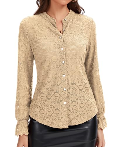 WOWENY Damen Blusen Elegant Spitze Oberteil Langarm Damenbluse mit Button-Down-Kragen Tunika Blusenshirt Khaki XXL von WOWENY