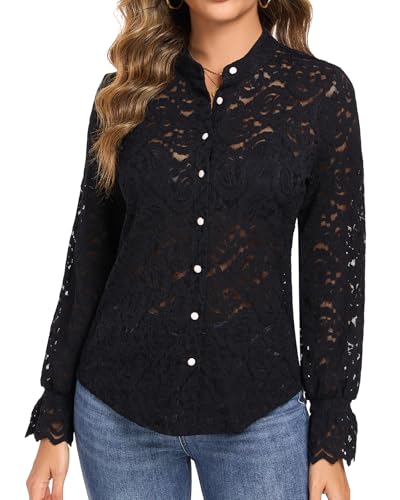 WOWENY Damen Blusen Elegant Spitze Oberteil Langarm Damenbluse mit Button-Down-Kragen Tunika Blusenshirt Schwarz XXL von WOWENY