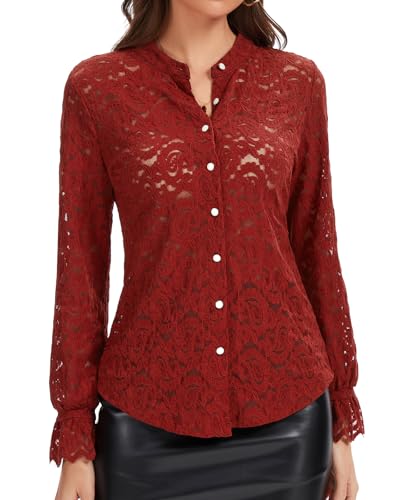 WOWENY Damen Blusen Elegant Spitze Oberteil Langarm Damenbluse mit Button-Down-Kragen Tunika Blusenshirt Weinrot XXL von WOWENY