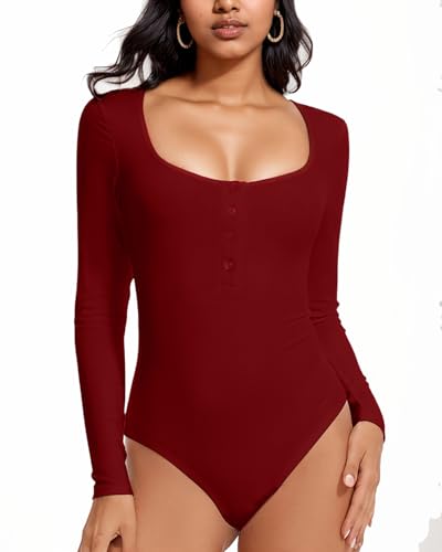 WOWENY Damen Body Langarm Henley Shirt Gerripte Bodysuit Basic Oberteile Shirts Slim Fit Winter Pullover Langarmshirt Top Tshirts,Rotwein,XXL von WOWENY