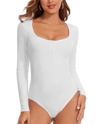 WOWENY Damen Body Langarm Henley Shirt Gerripte Bodysuit Basic Oberteile Shirts Slim Fit Winter Pullover Langarmshirt Top Tshirts,Weiß,XXL von WOWENY