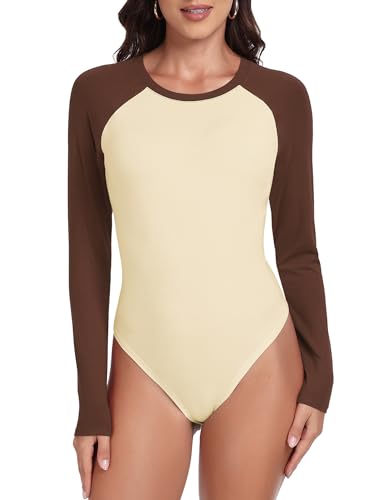 WOWENY Damen Body Langarm Raglan Shirt Bodysuit Rundhals Leotard Baseball Tshirt Langarmbody Farbblock Klassisch Streetwear[Braun Beige, L] von WOWENY