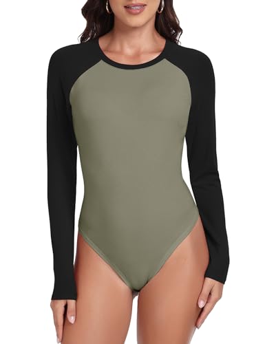 WOWENY Damen Body Langarm Raglan Shirt Bodysuit Rundhals Leotard Baseball Tshirt Langarmbody Farbblock Klassisch Streetwear[Schwarz Grün, L] von WOWENY