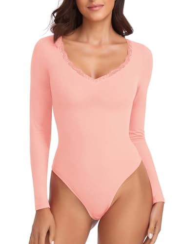 WOWENY Damen Body Langarm mit Spitze Elegant V-ausschnitt Tshirt Bodies Pink Bodysuit Long Sleeve Oberteil Tops Langarmshirt[Rosa, XXL] von WOWENY