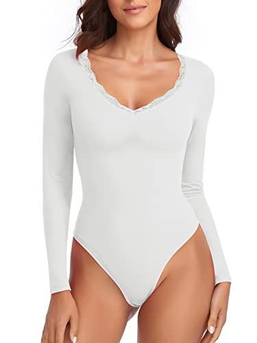 WOWENY Damen Body Langarm mit Spitze Elegant V-ausschnitt Tshirt Bodies Pink Bodysuit Long Sleeve Oberteil Tops Langarmshirt[Weiß, XS] von WOWENY