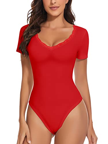 WOWENY Damen Body Spitze Elegant Kurzarm V-ausschnitt Bodies Sexy Bodysuit Short Sleeve Oberteil Tops Tshirt für Frauen(Rot, M) von WOWENY