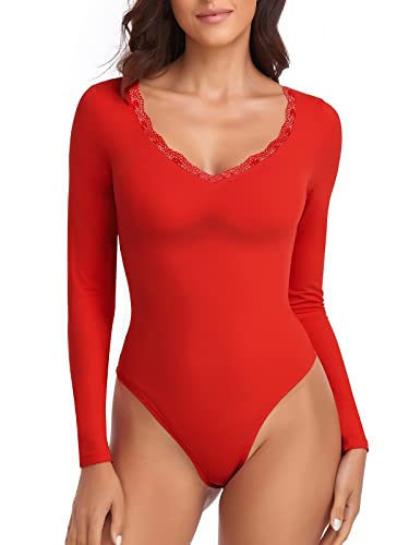 WOWENY Damen Body Spitze Elegant Langarm V-ausschnitt Bodies Sexy Bodysuit Long Sleeve Oberteil Tops Langarmshirt für Frauen(Rot, XL) von WOWENY