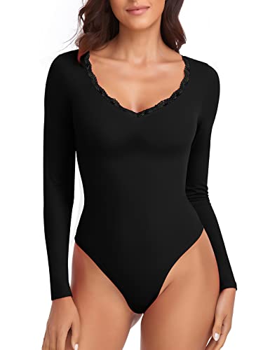 WOWENY Damen Body Spitze Elegant Langarm V-ausschnitt Bodies Sexy Bodysuit Long Sleeve Oberteil Tops Langarmshirt für Frauen(Schwarz, S) von WOWENY