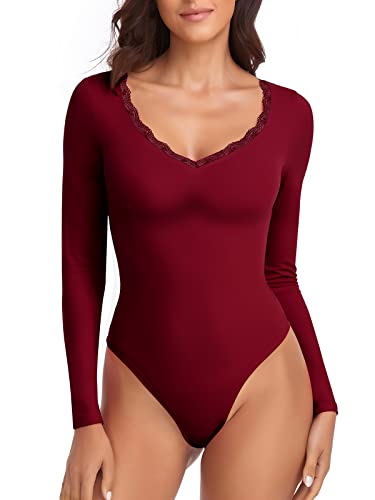 WOWENY Damen Body Spitze Elegant Langarm V-ausschnitt Bodies Sexy Bodysuit Long Sleeve Oberteil Tops Langarmshirt für Frauen(Weinrot, M) von WOWENY