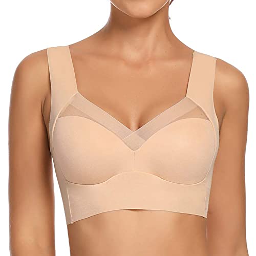 WOWENY Damen Bustier Gepolstert ohne Bügel Schlaf BH Nahtloser Zero Feel Bralette Spitze Atmungsaktiver Leichter Klassische Beige, XXL von WOWENY