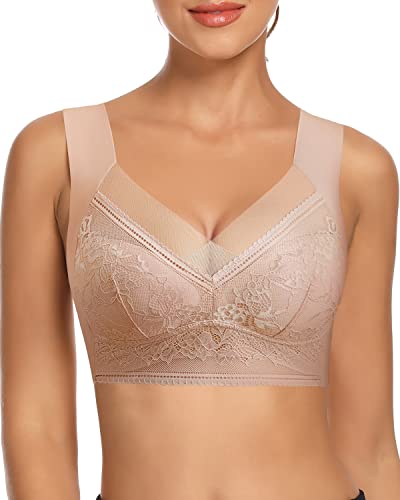 WOWENY Damen Bustier Spitze Schlaf BH ohne Bügel Zero Feel Bralette Gepolstert Comfort Bra(Beige, XXL) von WOWENY