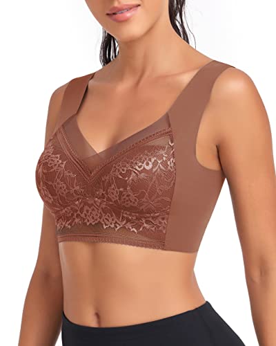 WOWENY Damen Bustier Spitze Schlaf BH ohne Bügel Zero Feel Bralette Gepolstert Comfort Bra(Braun, L) von WOWENY