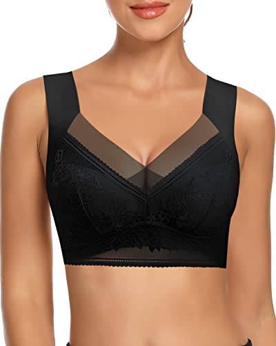 WOWENY Damen Bustier Spitze Schlaf BH ohne Bügel Zero Feel Bralette Gepolstert Comfort Bra(Schwarz, M) von WOWENY