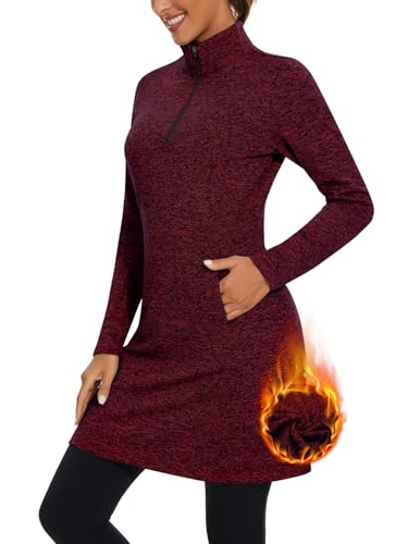 WOWENY Damen Fleece Kleid Thermo Sweatshirt Tunika Kleid Langer Viertelreißverschluss Pullover Polar Winterkleid mit Tasche, Dunkelrot, Mittel von WOWENY