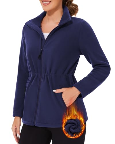 WOWENY Damen Fleecejacke Warm Gefüttert Polar Fleece Sweatjacke mit Stehkragen Und Full Zip Verstellbare Taille für Winter Outdoor Wandern Und Freizeit(Dunkelblau, XXL) von WOWENY
