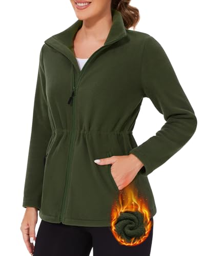 WOWENY Damen Fleecejacke Warm Gefüttert Polar Fleece Sweatjacke mit Stehkragen Und Full Zip Verstellbare Taille für Winter Outdoor Wandern Und Freizeit(Graugrün, XXL) von WOWENY