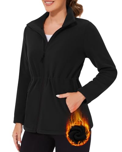 WOWENY Damen Fleecejacke Warm Gefüttert Polar Fleece Sweatjacke mit Stehkragen Und Full Zip Verstellbare Taille für Winter Outdoor Wandern Und Freizeit(Schwarz, XL) von WOWENY