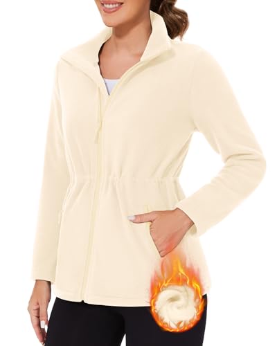 WOWENY Damen Fleecejacke Warm Gefüttert Polar Fleece Sweatjacke mit Stehkragen Und Full Zip Verstellbare Taille für Winter Outdoor Wandern Und Freizeit(Wollweiß, M) von WOWENY