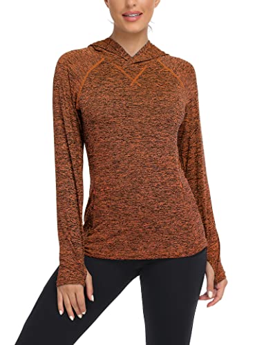 WOWENY Damen Funktionsshirt Damen Langarm Laufshirt Sportshirt locker mit Kapuze Sweatshirt Pullover Fitness Hoodies Running Yoga Tops mit Daumenlöcher,Orange,M von WOWENY