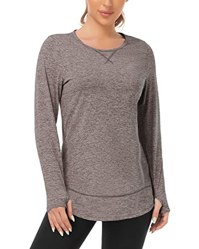 WOWENY Damen Funktionsshirt Langarm Sportshirt Laufshirt Thermo Langarmshirt Herbst Winter Damen Pullover Oberteile Tshirts locker für Sport Laufen Fitness,Braun,S von WOWENY