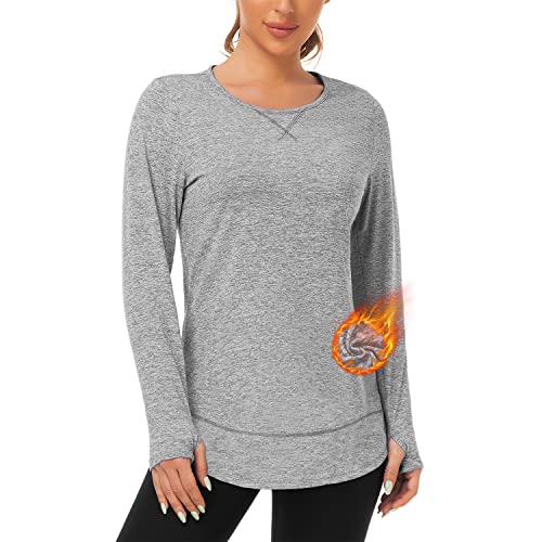 WOWENY Damen Funktionsshirt Langarm Sportshirt Laufshirt Thermo Langarmshirt Herbst Winter Damen Pullover Oberteile Tshirts locker für Sport Laufen Fitness,Grau,S von WOWENY