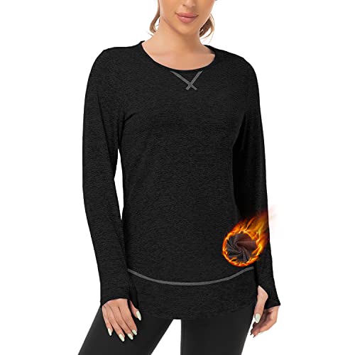 WOWENY Damen Funktionsshirt Langarm Sportshirt Laufshirt Thermo Langarmshirt Herbst Winter Damen Pullover Oberteile Tshirts locker für Sport Laufen Fitness,Schwarz,S von WOWENY