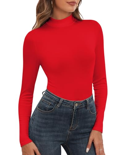 WOWENY Damen Stehkragen Langarmshirt Gerippt Rollkragenshirt Rolli Langarm Rollkragen Oberteil Unterziehrolli Elegant Basic Turtleneck Top[Rot, L] von WOWENY